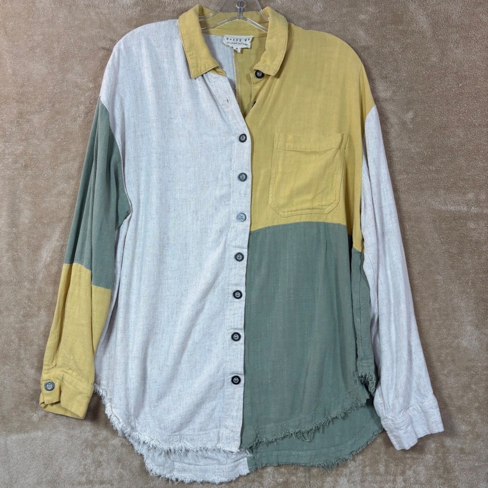 Dress Up Women Colorblock Linen Blend Frayed Hem Yellow Button Down Shirt M